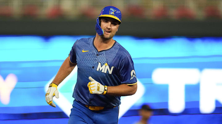 Aug 9, 2024; Minneapolis, Minnesota, USA; Minnesota Twins left fielder Matt Wallner (38) hits a three-run home run during the fifth inning against the Cleveland Guardians at Target Field. Aug 9, 2024; Minneapolis, Minnesota, USA; Minnesota Twins left fielder Matt Wallner (38) hits a three-run home run during the fifth inning against the Cleveland Guardians at Target Field.