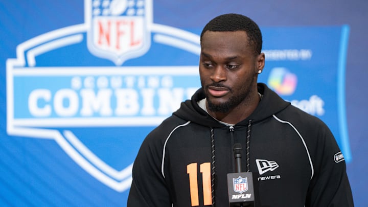 Feb 27, 2026; Indianapolis, IN, USA; Notre Dame running back Jeremiyah Love (RB11) speaks to members of the media during the NFL Combine at the Indiana Convention Center. Mandatory Credit: Jacob Musselman-Imagn Images
