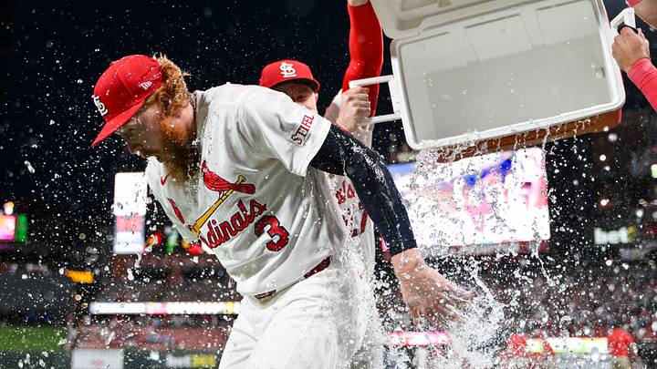 Jun 15, 2026; St. Louis, Missouri, USA; St. Louis Cardinals starting pitcher Dustin May (3) is doused with water by center fielder Nathan Church (27) and shortstop Masyn Winn (0) after throwing a complete game one hitter against the San Diego Padres at Busch Stadium. Mandatory Credit: Jeff Curry-Imagn Images Jun 15, 2026; St. Louis, Missouri, USA; St. Louis Cardinals starting pitcher Dustin May (3) is doused with water by center fielder Nathan Church (27) and shortstop Masyn Winn (0) after throwing a complete game one hitter against the San Diego Padres at Busch Stadium. Mandatory Credit: Jeff Curry-Imagn Images