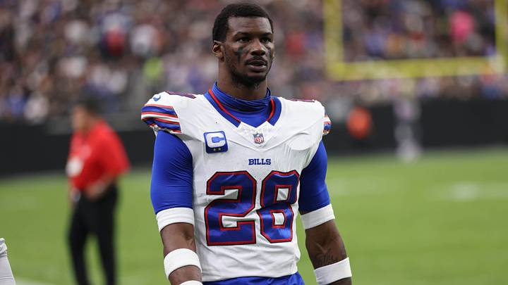 Oct 18, 2026; Paradise, Nevada, USA; Buffalo Bills safety Sam Franklin Jr. (28) walks off the field during the game against the Las Vegas Raiders at Allegiant Stadium. Mandatory Credit: David Brytus-Imagn Images