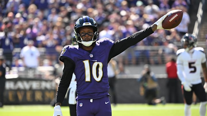Oct 5, 2025; Baltimore, Maryland, USA; Baltimore Ravens wide receiver Deandre Hopkins (10) reacts after a run during the first quarter against the Houston Texans at M&T Bank Stadium. Mandatory Credit: Rafael Suanes-Imagn Images Oct 5, 2025; Baltimore, Maryland, USA; Baltimore Ravens wide receiver Deandre Hopkins (10) reacts after a run during the first quarter against the Houston Texans at M&T Bank Stadium. Mandatory Credit: Rafael Suanes-Imagn Images