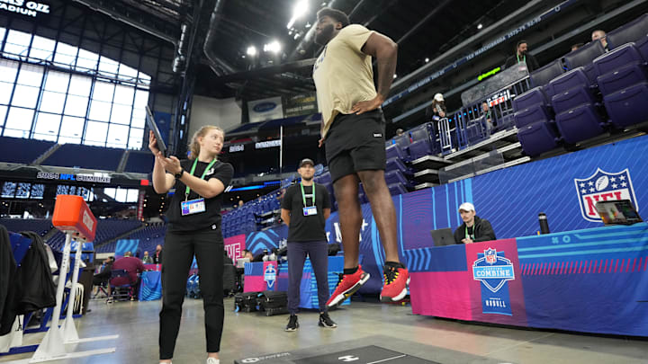 Mar 3, 2024; Indianapolis, IN, USA; Hawkin Dynamics specialist Cat Moss (left) and James Hanisch