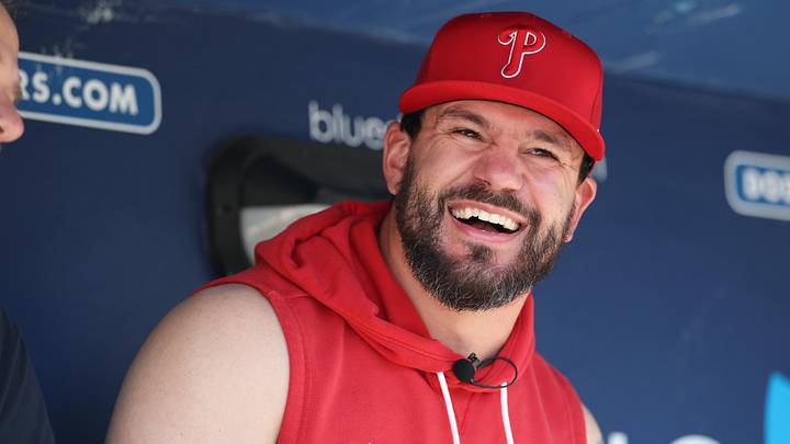 May 30, 2026; Los Angeles, California, USA;  Philadelphia Phillies designated hitter Kyle Schwarber (12) talks to reporters prior to a game against the Los Angeles Dodgers at Dodger Stadium. Mandatory Credit: Kiyoshi Mio-Imagn Images