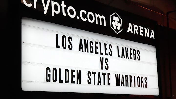 Feb 23, 2023; Los Angeles, California, USA; The marquee sign at Crypto.com Arena prior to the game between the Los Angeles Lakers and the Golden State Warriors. Mandatory Credit: Kirby Lee-USA TODAY Sports