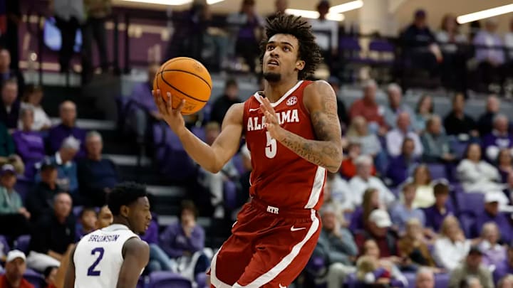 Alabama forward Amari Allen (5) makes a rebound against Furman at Timmons Arena in Greenville, SC on Sunday, Oct 26, 2025. Alabama forward Amari Allen (5) makes a rebound against Furman at Timmons Arena in Greenville, SC on Sunday, Oct 26, 2025.