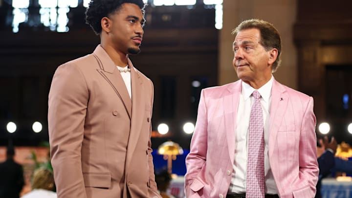 KANSAS CITY, MO - APRIL 27: Alabama head coach Nick Saban talks with Bryce Young in the green room backstage during the first round of the 2023 NFL Draft at Union Station on April 27, 2023 in Kansas City, Missouri.