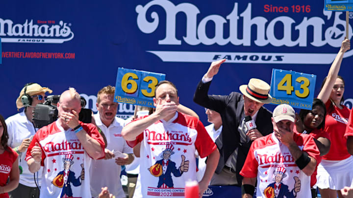 Joey Chestnut competes in the 2022 Nathan's Famous Fourth of July International Hot Dog Eating Contest at Coney Island.