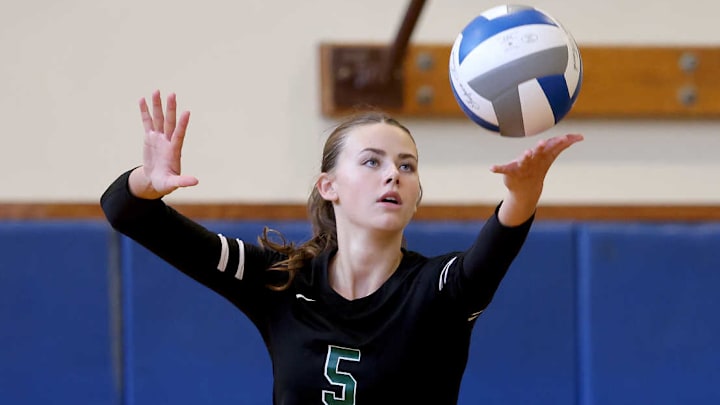 Granite Bay volleyball senior setter Abigayle Gotwals about to serve in match with Bradshaw Christian on Aug. 25 2024. The Grizzlies play Vacaville in a Sac-Joaquin Section D2 semifinal match on Tuesday. 