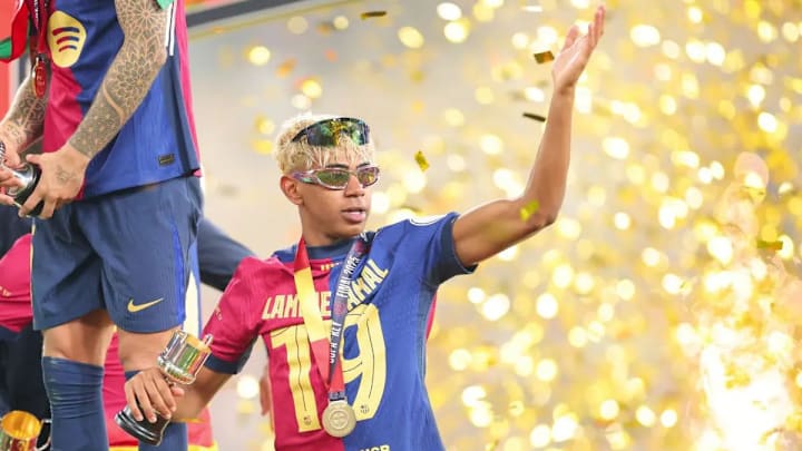 Lamine Yamal celebrates after the Copa del rey Lamine Yamal celebrates after the Copa del rey