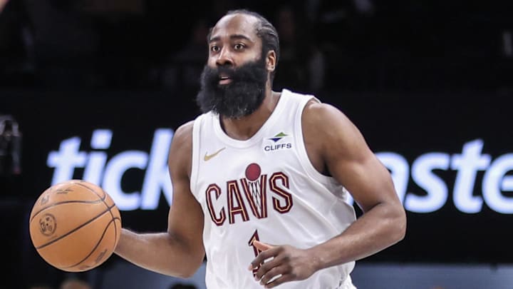 Mar 1, 2026; Brooklyn, New York, USA; Cleveland Cavaliers guard James Harden (1) brings the ball up court in the second quarter against the Brooklyn Nets at Barclays Center. Mandatory Credit: Wendell Cruz-Imagn Images Mar 1, 2026; Brooklyn, New York, USA; Cleveland Cavaliers guard James Harden (1) brings the ball up court in the second quarter against the Brooklyn Nets at Barclays Center. Mandatory Credit: Wendell Cruz-Imagn Images