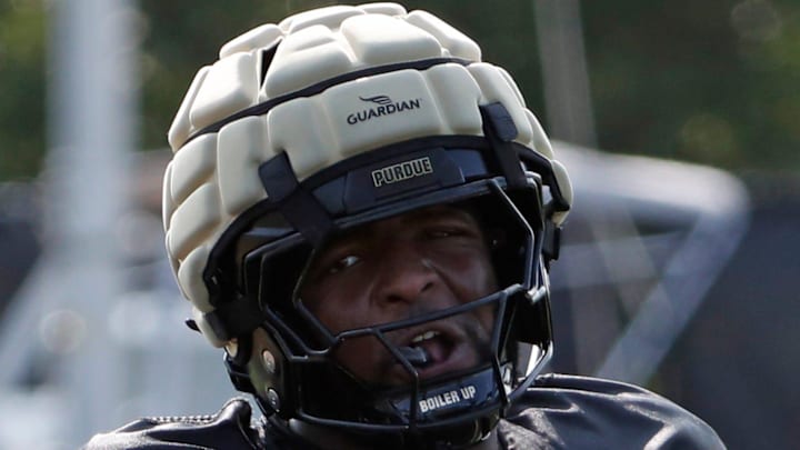 Purdue Boilermakers offensive lineman DJ Wingfield (55) reacts after running a drill Wednesday, Aug. 21, 2024, during Purdue football practice at Bimel Outdoor Practice Complex in West Lafayette, Ind.
