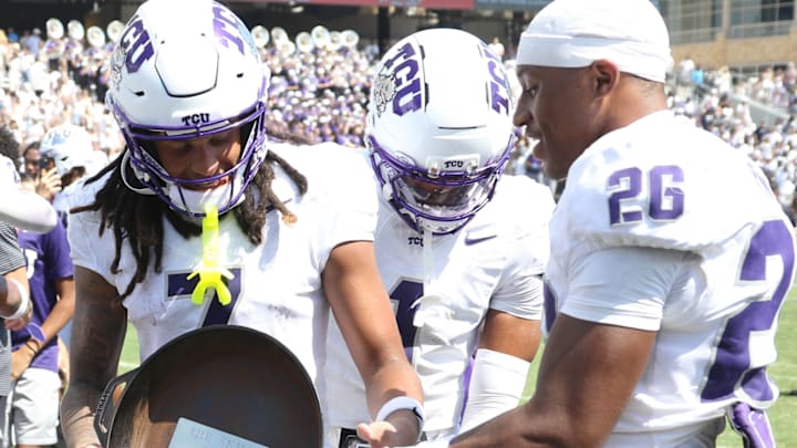 TCU Football Celebrating their Iron Skillet Win