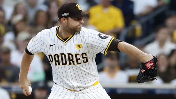 Oct 8, 2024; San Diego, California, USA; San Diego Padres pitcher Michael King (34) throws in the first inning against the Los Angeles Dodgers during game three of the NLDS for the 2024 MLB Playoffs at Petco Park. 