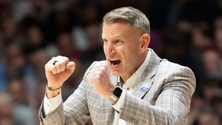 Jan 27, 2026; Tuscaloosa, AL, USA; Alabama head coach Nate Oats is fired up after a pair fo three pointers by Alabama guard Latrell Wrightsell Jr. (3) at Coleman Coliseum. Mandatory Credit: Gary Cosby Jr.-Tuscaloosa News