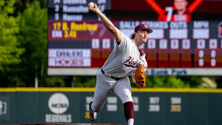 Virginia Tech pitcher Brett Renfrow delivers a pitch during game one against UVA in 2025.