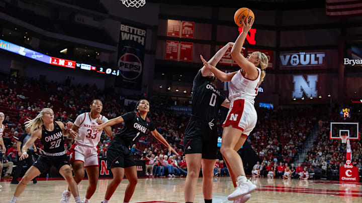 Nebraska basketball's Alexis Markowski (right) shoots the ball against Omaha.