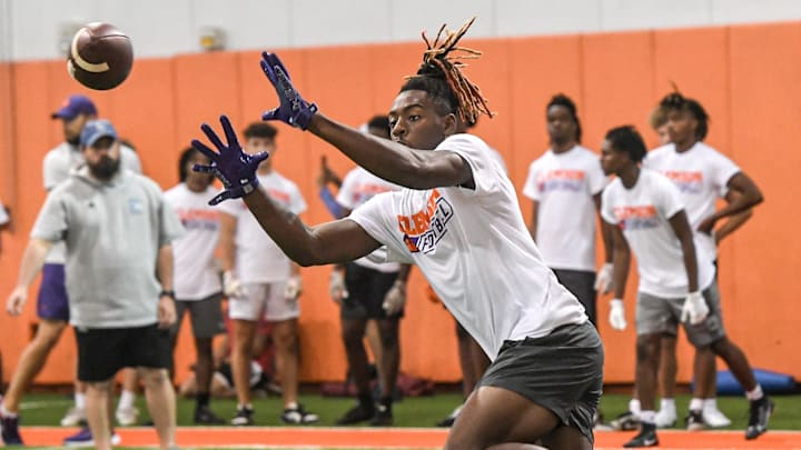 Cederian Morgan, Class of 2026 wide receiver of Benjamin Russell High school in Alexander City, Alabama, catches a ball during the 2024 Dabo Swinney Football Camp in Clemson in Clemson June 5, 2024. Morgan, 38th overall ranked in the ESPN300 2026 recruiting ranking list, announced on social media X (formerly known as Twitter) Clemson offered him June 5, 2024.