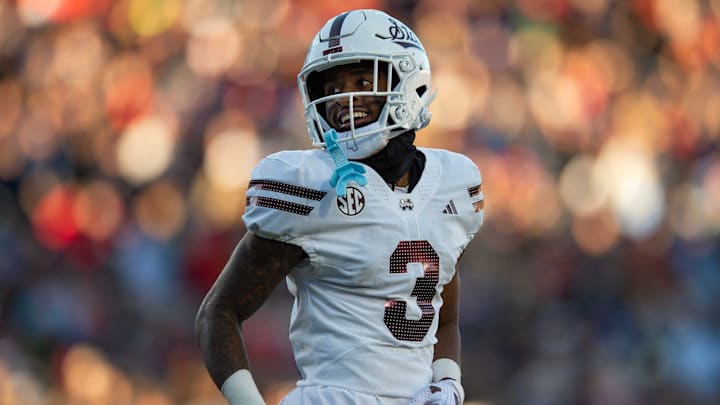 Mississippi State's wide receiver Kevin Coleman Jr. (3) smiles after scoring a touchdown during the Egg Bowl game against Mississippi at Vaught-Hemingway Stadium on Friday, Nov. 29, 2024.