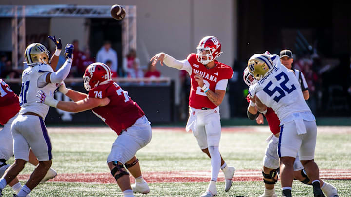 Indiana's Tayven Jackson (2) passes during the Indiana versus Washington football game at Memorial Stadium on Oct. 26, 2024.