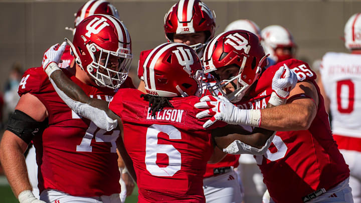 Indiana's Justice Ellison (6) celebrates a touchdown during the Indiana versus Nebraska football game at Memorial Stadium on Saturday, Oct. 19, 2024.