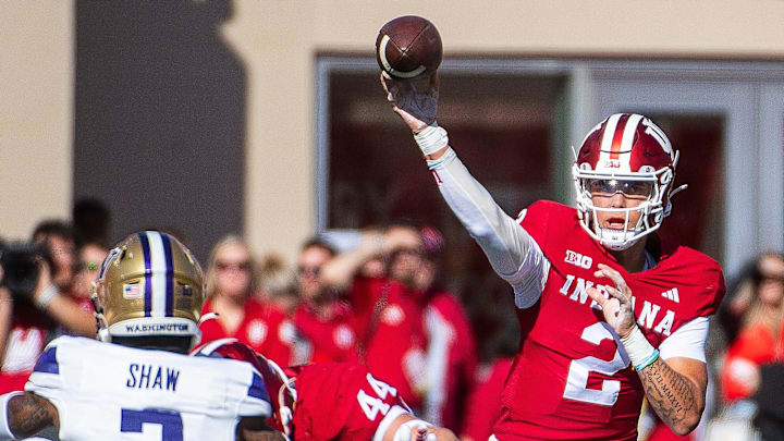 Indiana's Tayven Jackson (2) passes during the Indiana versus Washington football game at Memorial Stadium on Oct. 26, 2024.