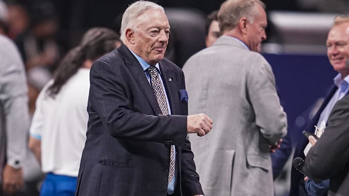  Dallas Cowboys team owner and general manager Jerry Jones shown on the field prior to the game against the Atlanta Falcons at Mercedes-Benz Stadium.