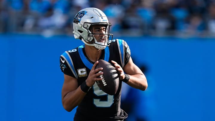 Nov 9, 2025; Charlotte, North Carolina, USA;  Carolina Panthers quarterback Bryce Young (9) looks to pass during the third quarter against the New Orleans Saints at Bank of America Stadium. Mandatory Credit: Jim Dedmon-Imagn Images