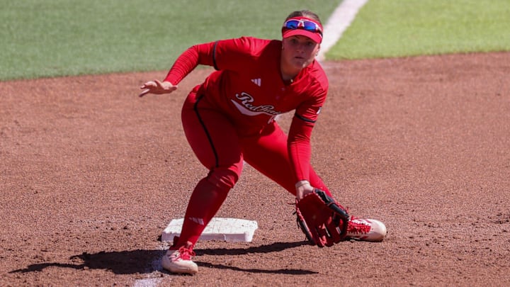 Texas Tech's Taylor Pannell awaits a throw from the catcher during a Big 12 Conference softball game, Saturday, March 14, 2026, at Rocky Johnson Field.