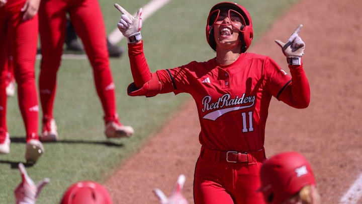 Texas Tech's Lauren Allred celebrates her game-ending home run against Arizona during a Big 12 Conference softball game, Saturday, March 14, 2026, at Rocky Johnson Field.
