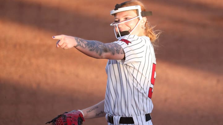 Texas Tech's Kaitlyn Terry gestures after her game-ending strikeout to complete a five-inning no-hitter against Detroit Mercy during a Division I non-conference softball game, Saturday, Feb. 28, 2026, at Rocky Johnson Field.