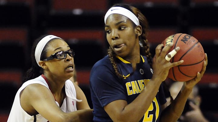 Mar 8, 2015; Seattle, WA, USA; California Golden Bears forward Reshanda Gray (21) goes up against Stanford Cardinal forward Erica McCall (24) during the first half of the finals of the Pac-12 Women's Conference Tournament at Key Arena. Mandatory Credit: James Snook-Imagn Images
