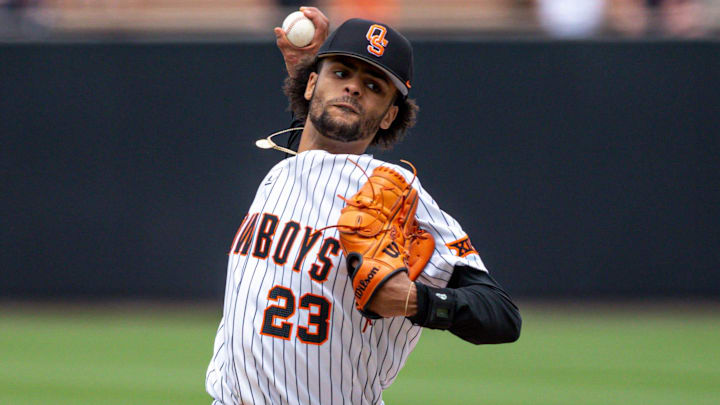 Oklahoma State pitcher Juaron Watts-Brown (23) pitches during a game in the NCAA Stillwater Regional between the Oklahoma State Cowboys (OSU) and the Dallas Baptist Patriots at O'Brate Stadium in Stillwater, Okla., on Saturday, June 3, 2023.