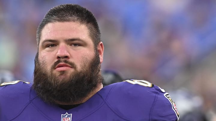 Aug 11, 2022; Baltimore, Maryland, USA;  Baltimore Ravens guard Ben Cleveland (66) walks the sidelines during the first half against the Tennessee Titans at M&T Bank Stadium. Mandatory Credit: Tommy Gilligan-Imagn Images