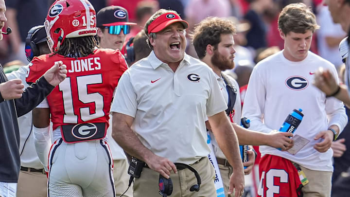 Aug 30, 2025; Athens, Georgia, USA; Georgia Bulldogs head coach Kirby Smart (center) reacts during the game against the Marshall Thundering Herd at Sanford Stadium. Mandatory Credit: Dale Zanine-Imagn Images Aug 30, 2025; Athens, Georgia, USA; Georgia Bulldogs head coach Kirby Smart (center) reacts during the game against the Marshall Thundering Herd at Sanford Stadium. Mandatory Credit: Dale Zanine-Imagn Images