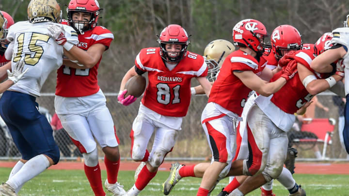 CVU's Alex Provost runs for daylight during the Redhawks' D1 football semifinal vs the Essex Hornets on Saturday afternoon in Hinesburg

D1 Football Semifinal Essex At Cvu 05nov22 9016