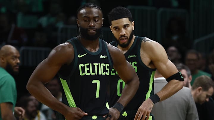 Feb 28, 2025; Boston, Massachusetts, USA; Boston Celtics guard Jaylen Brown (7) and forward Jayson Tatum (0) stand on the court during a timeout during the second half of their loss to the Cleveland Cavaliers at TD Garden. Mandatory Credit: Winslow Townson-Imagn Images