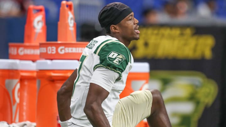 DeSoto's Ethan Feaster warms up after halftime during Friday's game at the Alamodome on Sept. 13, 2024, in San Antonio, Texas.