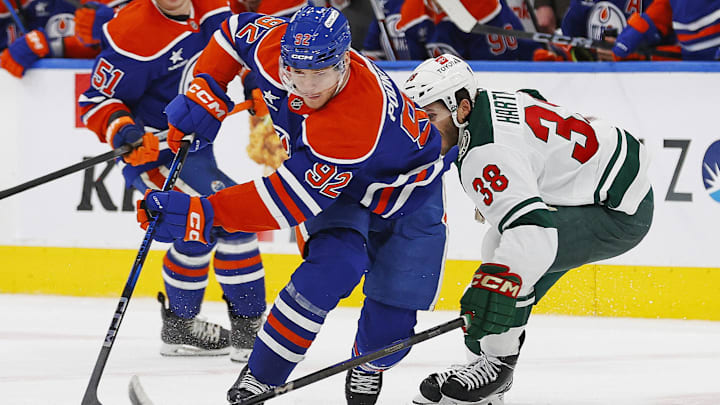Edmonton Oilers forward Vasily Podkolzin (92) carries the puck.