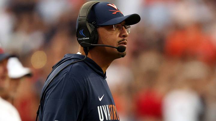 Sep 26, 2026; Charlottesville, Virginia, USA; Virginia Cavaliers head coach Tony Elliott looks on from the sidelines against the Delaware Blue Hens during the first half at Scott Stadium. Mandatory Credit: Geoff Burke-Imagn Images