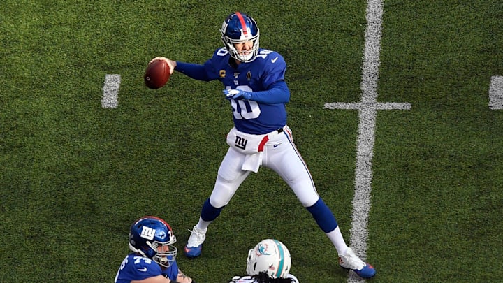 New York Giants quarterback Eli Manning (10) throws against the Miami Dolphins in the first half of an NFL game on Sunday, Dec. 15, 2019, in East Rutherford. New York Giants quarterback Eli Manning (10) throws against the Miami Dolphins in the first half of an NFL game on Sunday, Dec. 15, 2019, in East Rutherford.