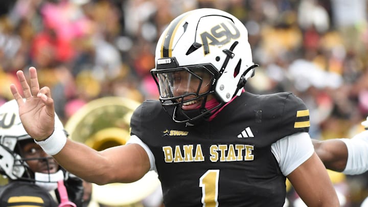 Alabama State quarterback Andrew Body (1) celebrates hish ruching touchdown against Alabama A&M during the Magic City Classic at Legion Field in Birmingham, Ala., on Saturday October 25, 2025.