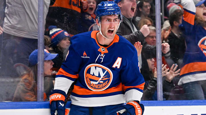 Nov 27, 2024; Elmont, New York, USA; New York Islanders center Brock Nelson (29) celebrates his goal against the Boston Bruins during the second period at UBS Arena. Mandatory Credit: Dennis Schneidler-Imagn Images Nov 27, 2024; Elmont, New York, USA; New York Islanders center Brock Nelson (29) celebrates his goal against the Boston Bruins during the second period at UBS Arena. Mandatory Credit: Dennis Schneidler-Imagn Images