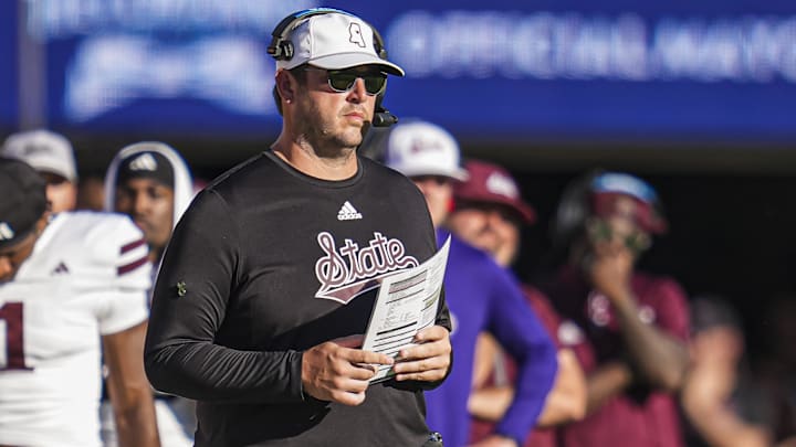 Mississippi State Bulldogs head coach Jeff Lebby on the sidelines against the Georgia Bulldogs at Sanford Stadium.