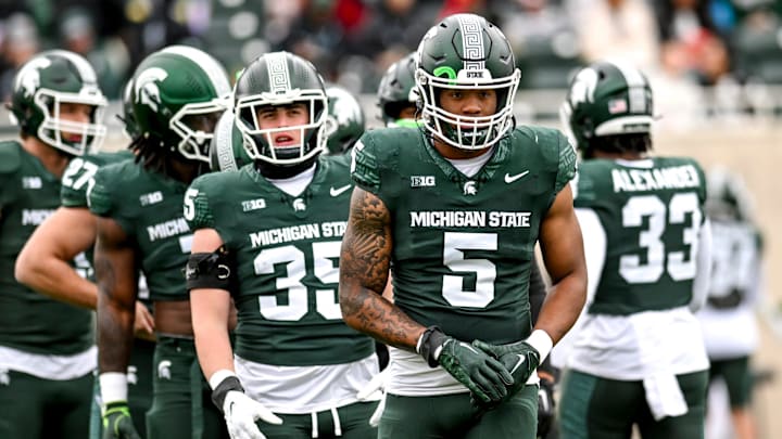 Michigan State's Jordan Hall and the linebackers prepare for a drill during the Spring Showcase on Saturday, April 20, 2024, at Spartan Stadium in East Lansing.