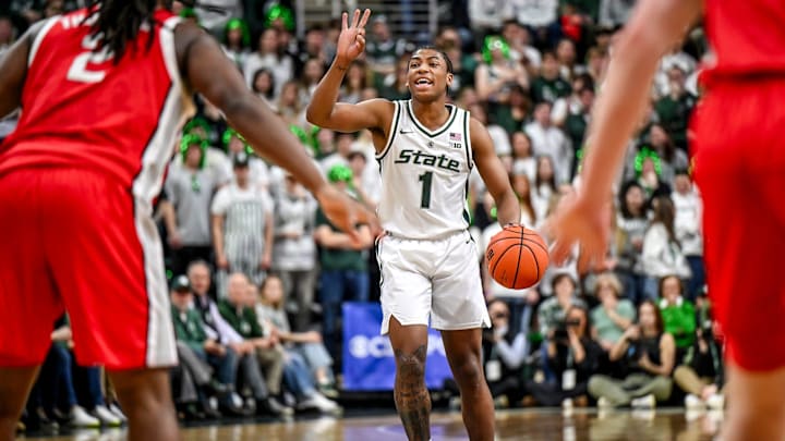 Michigan State's Jeremy Fears Jr. communicates with teammates during the first half in the game against Ohio State on Sunday, Feb. 22, 2026, at the Breslin Center in East Lansing. Michigan State's Jeremy Fears Jr. communicates with teammates during the first half in the game against Ohio State on Sunday, Feb. 22, 2026, at the Breslin Center in East Lansing.