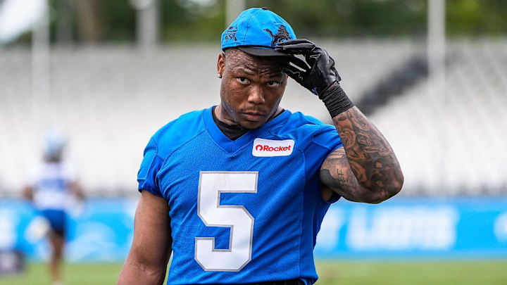 Detroit Lions running back David Montgomery (5) walks off the field after practice during training camp at Meijer Performance Center in Allen Park on Sunday, July 20, 2025.