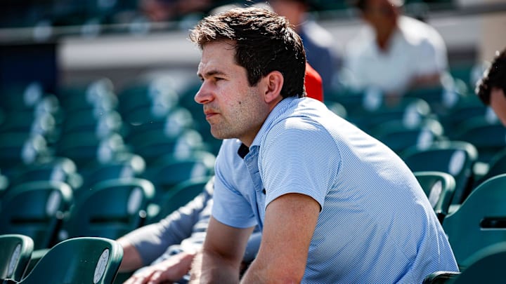 Detroit Tigers president of baseball operations Scott Harris watches live batting practice during spring training at TigerTown in Lakeland, Fla. on Friday, Feb. 23, 2024. Detroit Tigers president of baseball operations Scott Harris watches live batting practice during spring training at TigerTown in Lakeland, Fla. on Friday, Feb. 23, 2024.