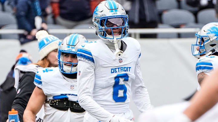 Detroit Lions safety Ifeatu Melifonwu (6) warms up before the game between Chicago Bears and Detroit Lions at Soldier Field.