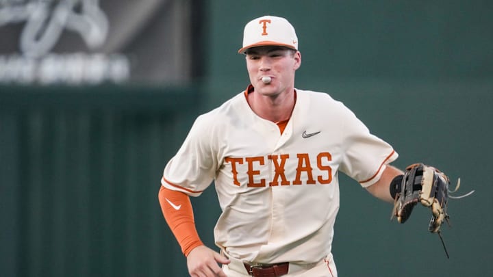 Texas outfielder Max Belyeu (44) smiles after catching a hit in the outfield as the Longhorns play Texas State at UFCU Disch–Falk Field on Wednesday, April 10, 2024.