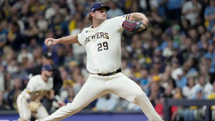 Milwaukee Brewers pitcher Trevor Megill (29) pitches during the eighth inning of their National League Division Series game against the San Diego Padres at American Family Field on Oct 3, 2026. Milwaukee Brewers pitcher Trevor Megill (29) pitches during the eighth inning of their National League Division Series game against the San Diego Padres at American Family Field on Oct 3, 2026.